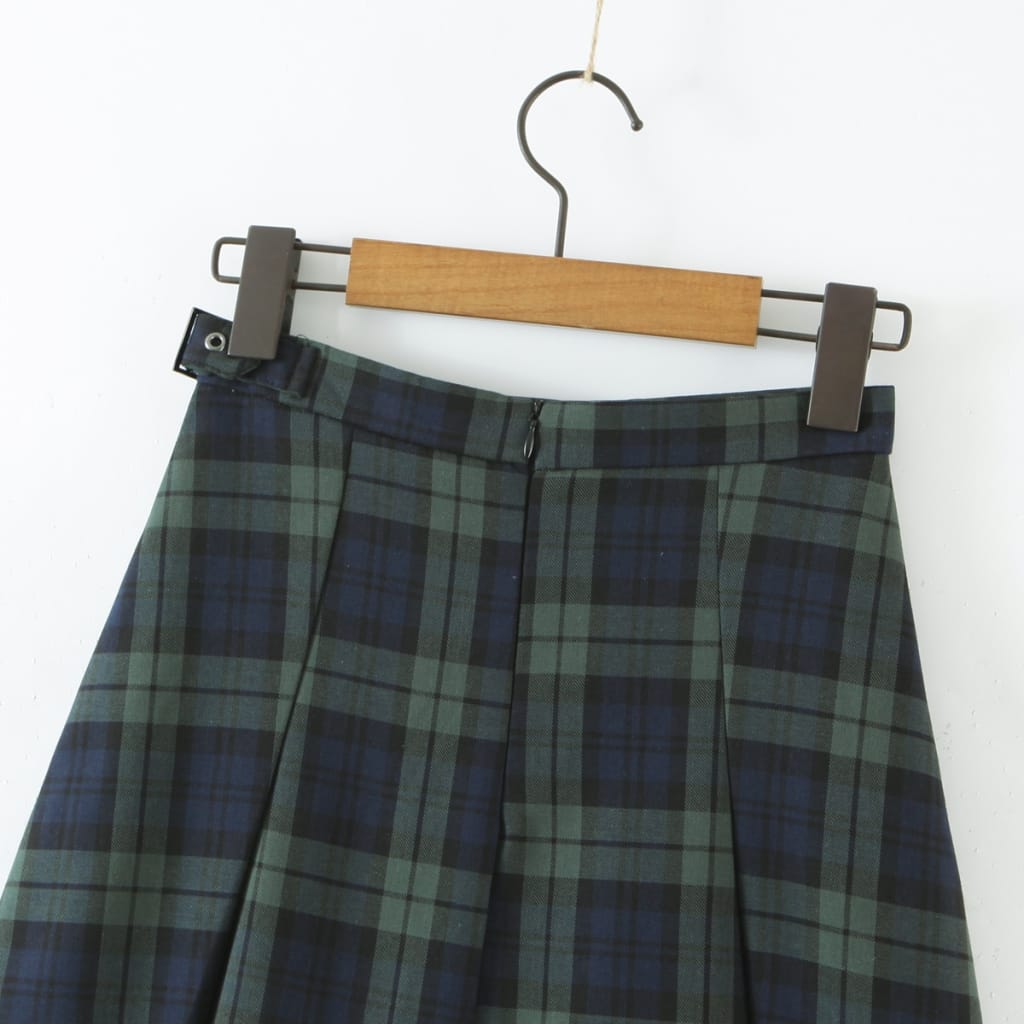 Dark Green and Blue High Waist Check Gingham Plaid Pleated Mini Skirt with Buckle Belt detail