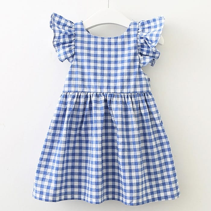 Blue Plaid Flying Sleeve Baby Girl Ruffles Backless Kids Dress