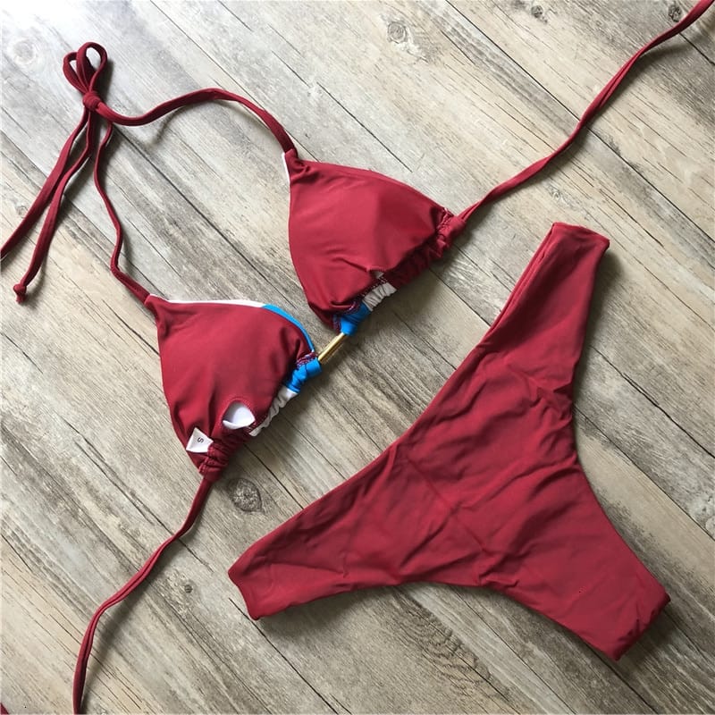 Color Block Hot Pink Blue Brown Bikini Set Women’s Swimming Suit Halter Drawstring Bathing