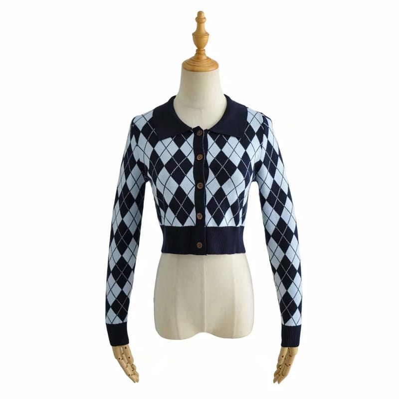 Blue Women Collared Fitted Crop Cardigan Knitted Argyle