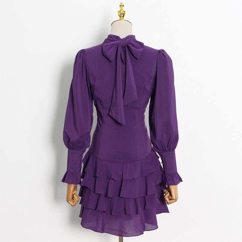 Women Purple Long Letran Sleeve Mini Dress with Pink Floral Print Turtleneck Ruffle Layers and back