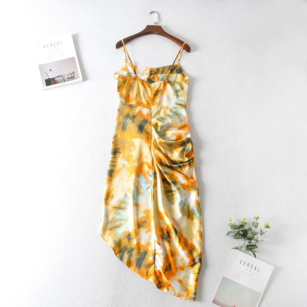 Yellow Orange Tie Dye Cami Strap Corset Bust Midi Dress with High side Slit and Ruched Waist detail