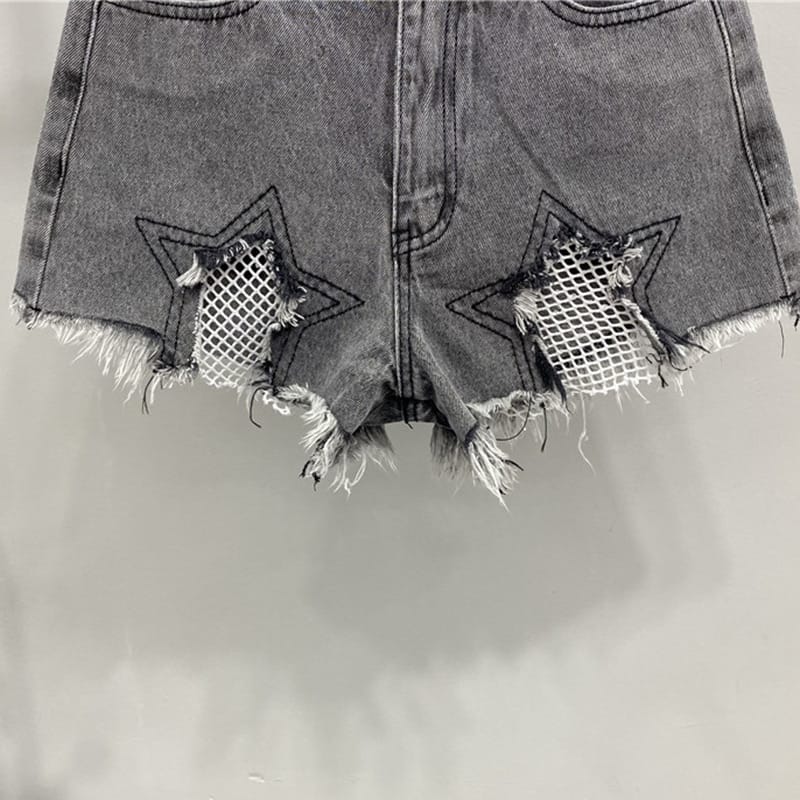 Women Pink High Waist Distressed Denim Jeans Shorts with Tassel Star Mesh detail