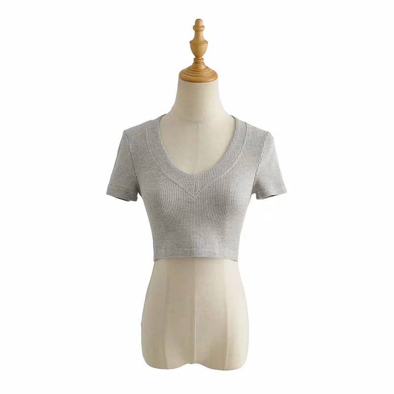 Women Light Grey Super Cropped top with Short Sleeve Fitted Waffle T-shirt