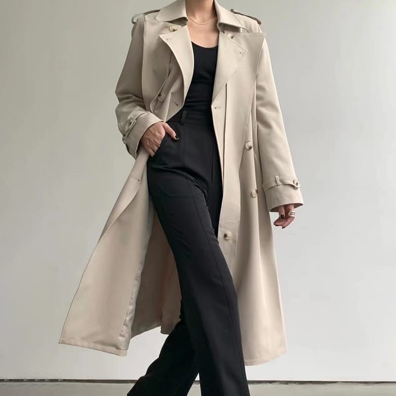 Woman Khaki Casual Maxi Trench Turndown Collar Long Sleeve Asymmetrical Autumn Coat