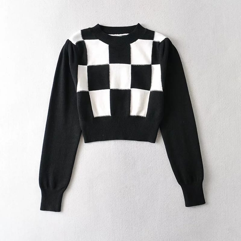 Women Cropped White Checkered Long Puff Sleeve Plaid Knit top Jumper