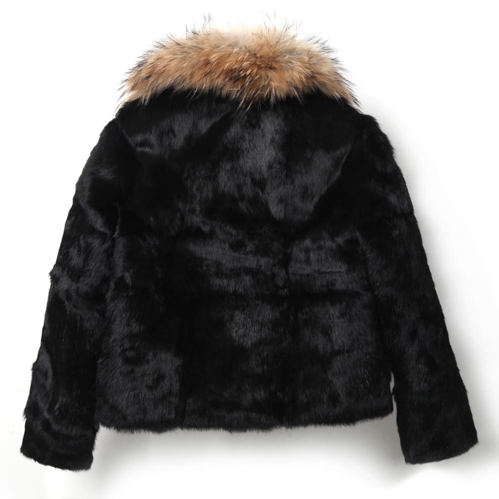 Women Black Natural Soft Rabbit Fur Coat with Big Fluffy Collar Drop Jacket