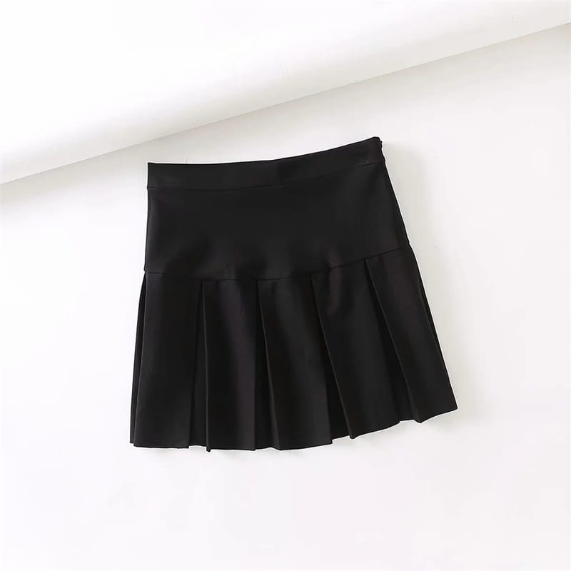 Women Solid Black High Rise Stretch Pleated Mini Skirt with side Zip and Raw Hem detail