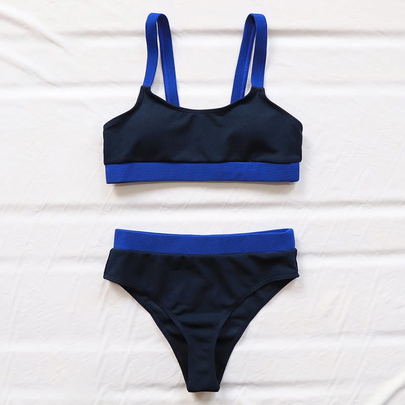 Women Ribbed Two Tone Blue Sport Bra and High Waist bottom Bikini Set Sporty Swimsuit