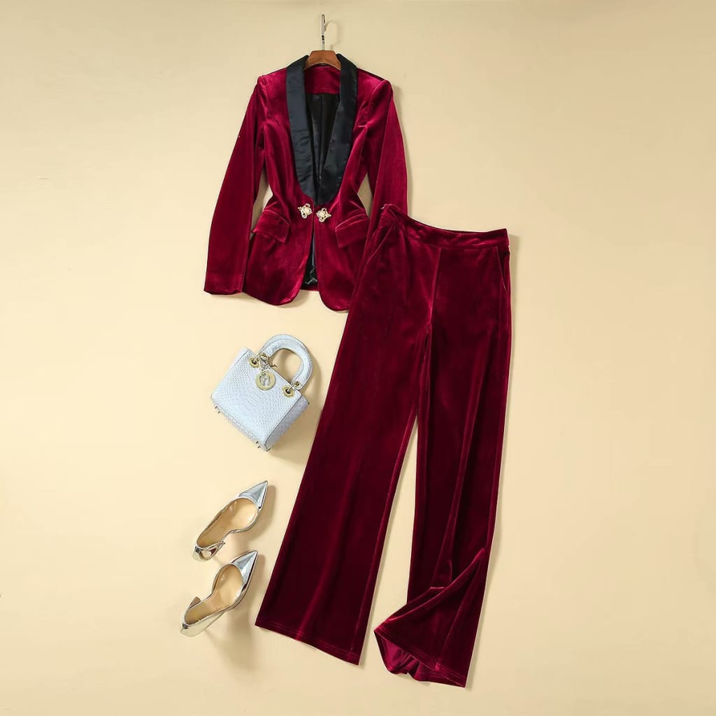 Women Red Wine Velvet 2 Piece Deep V Collar Blazer Pants Set with Black Satin and Pearl Calf Decor