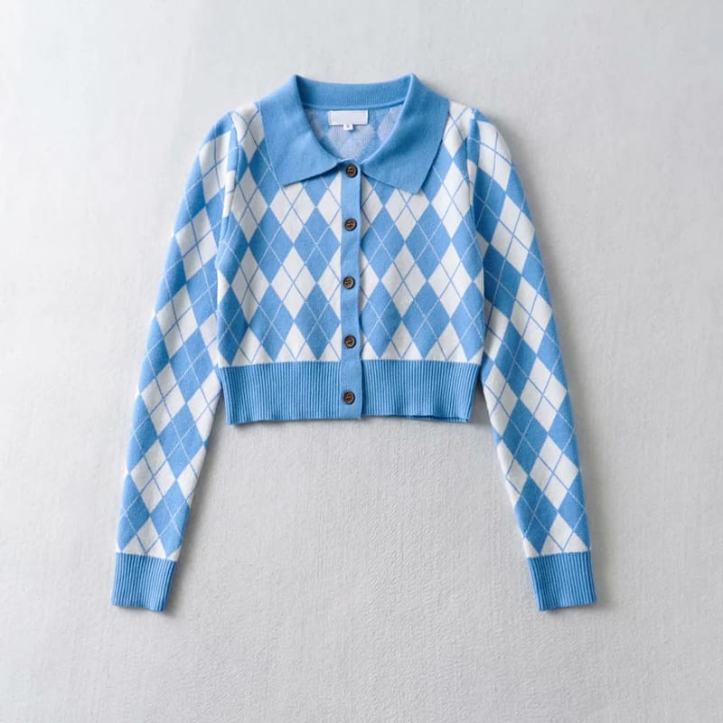 Blue Women Collared Fitted Crop Cardigan Knitted Argyle