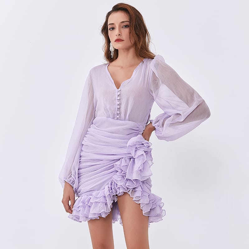 Sun-imperial - women lilac light purple mini dress with sheer bishop long  sleeve and ruched – Sun-Imperial