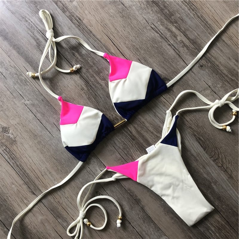 Color Block Hot Pink Blue Brown Bikini Set Women’s Swimming Suit Halter Drawstring Bathing