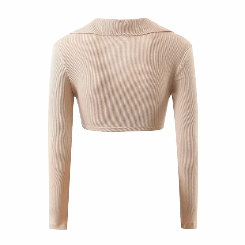 Women Ribbed Beige Long Sleeve Deep V Neck Wrap Super Crop top with Collar