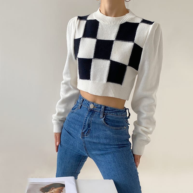 Women Cropped White Checkered Long Puff Sleeve Plaid Knit top Jumper