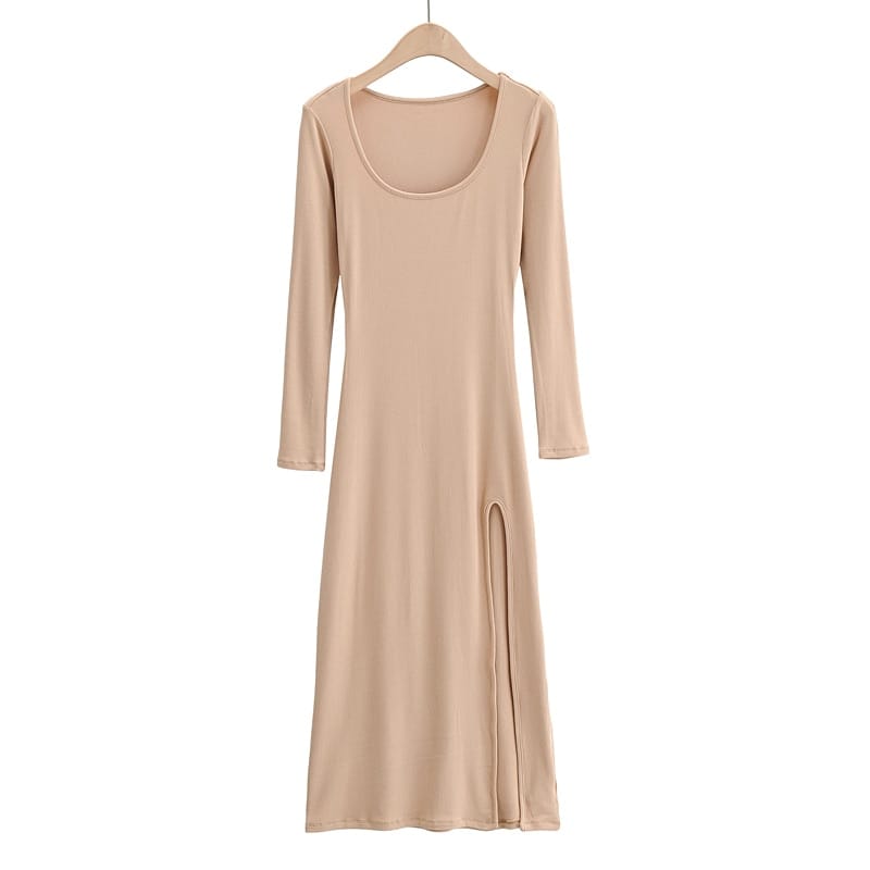 Women Khaki Casual Square Scoop Neck Long Sleeved Midi Dress with High Cut side Split