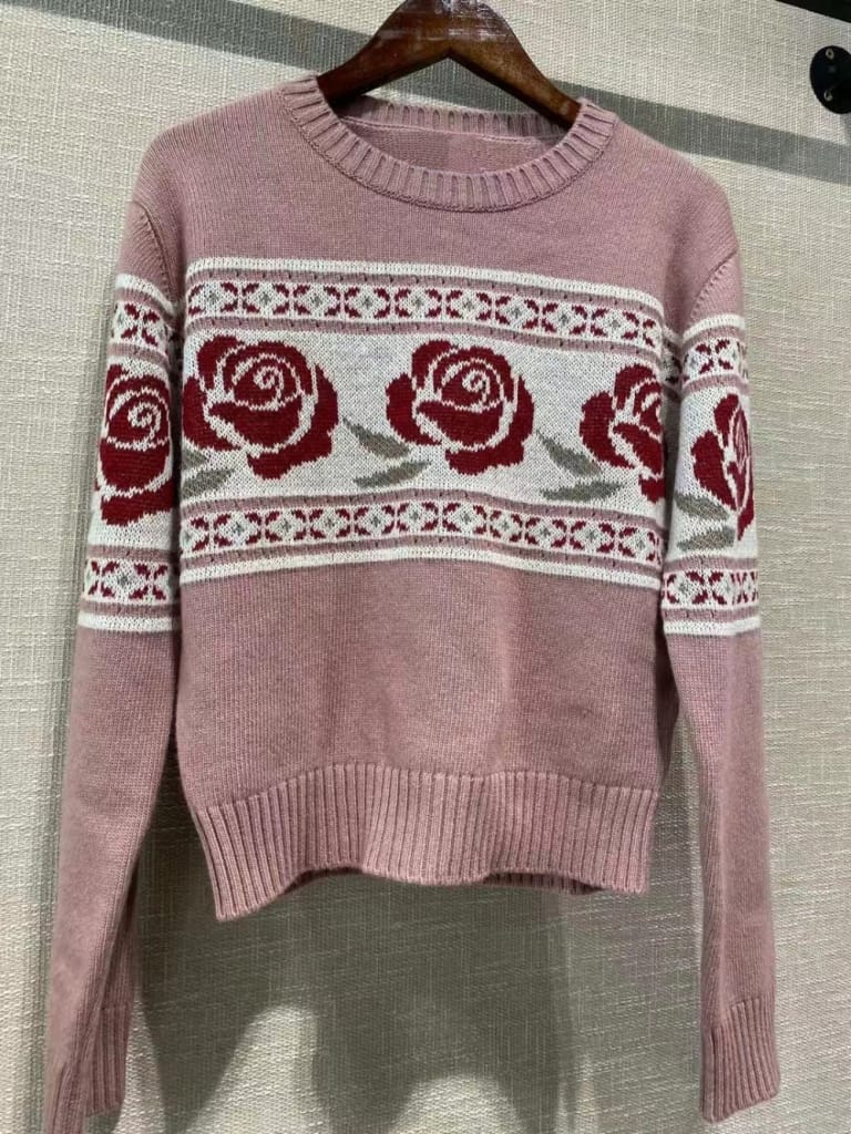 Women Vintage Pink Single Breasted Floral Rose Print Knit Long Sleeve Sweater