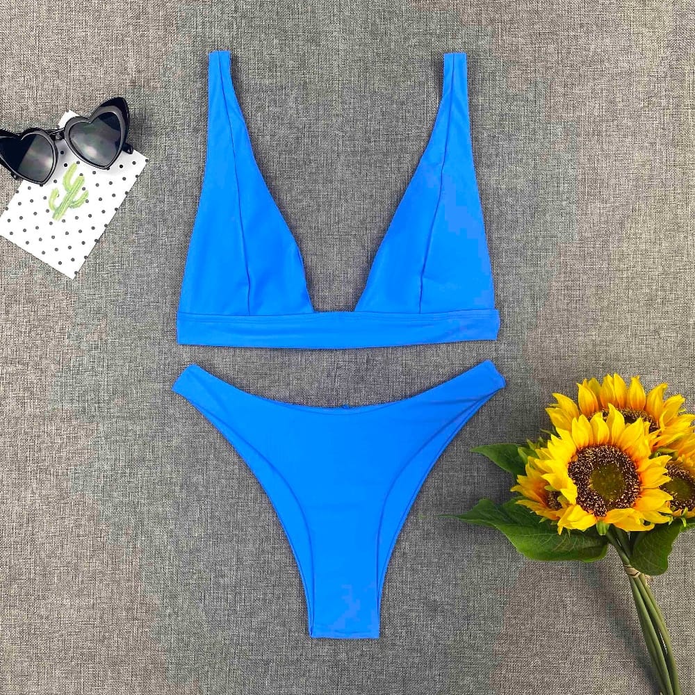 Women Blue High Waist Solid Bikini Deep V Swim Set