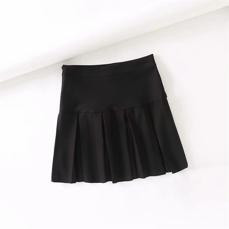 Women Solid Black High Rise Stretch Pleated Mini Skirt with side Zip and Raw Hem detail