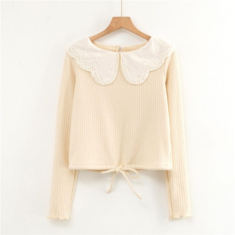 Black Ribbed Long Sleeve Women top Blouse with White Lace Peter Pan Collar