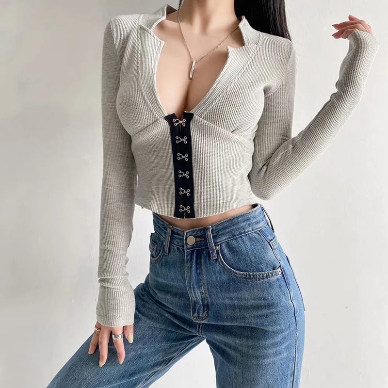 Women Grey Deep V Plunge Neck Long Sleeve T-shirt Ribbed top with Hooks front