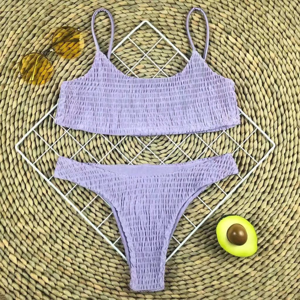 Women Purple Lavender Smocked Wrinkled Bikini Tank Set