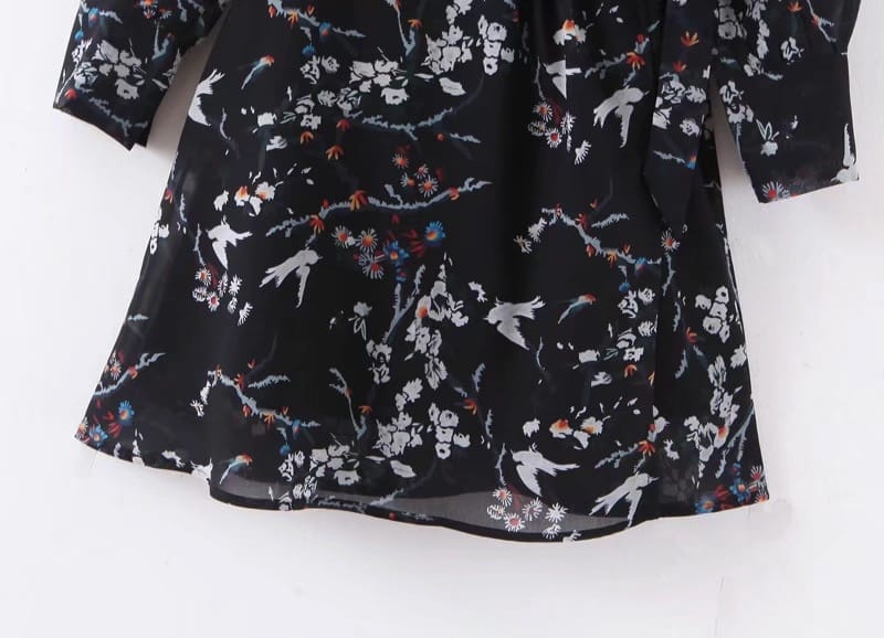 Women Vintage Black Floral Print Dress V Neck Long Sleeve High Waist A-line Casual Mini