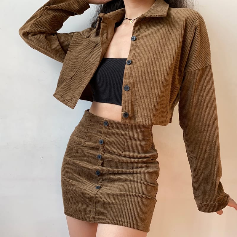 Women Blue Buttoned Cropped Corduroy Jacket and front Slim Mini Skirt Set