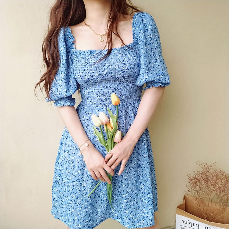 Women Blue Short Puff Sleeve Floral Shirred A-line Elastic Mini Dress