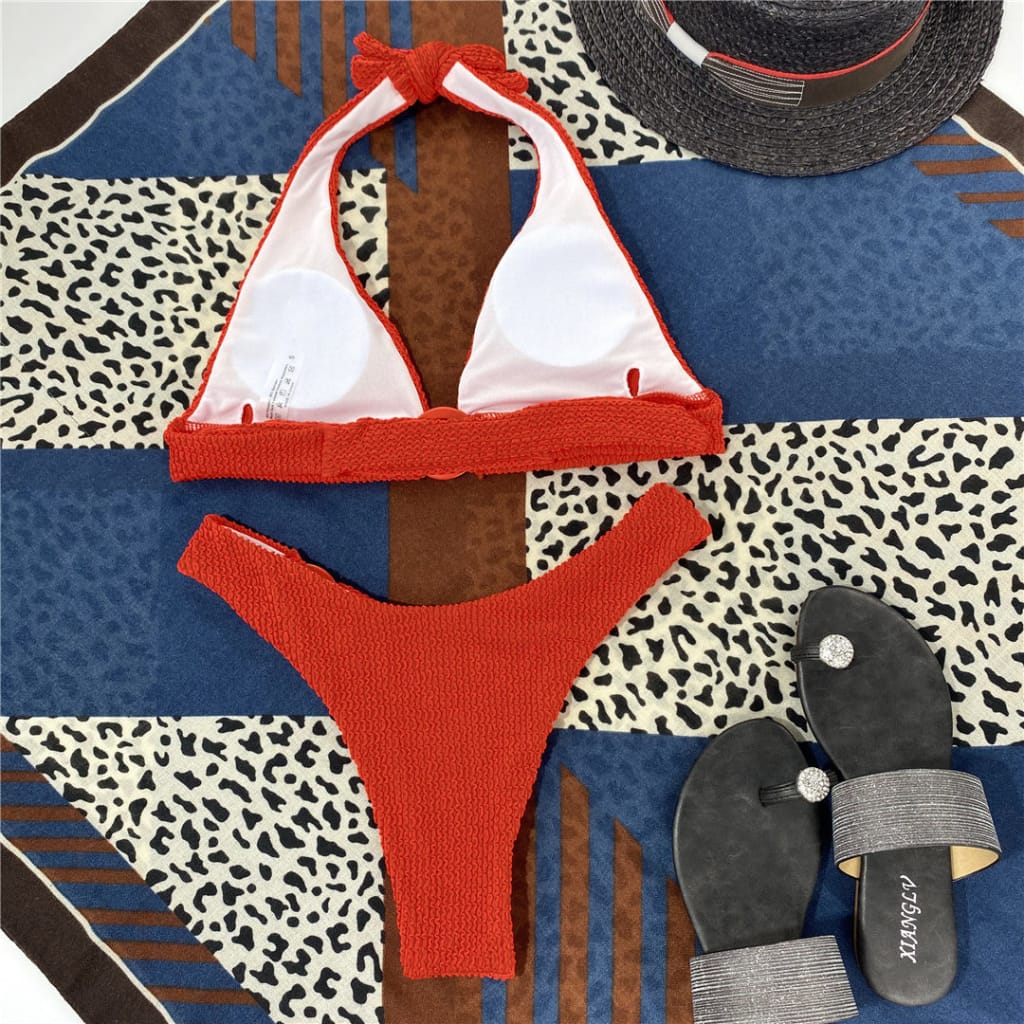 Women Red Textured Ribbed Halter Bikini with Center O-ring top and side Bottoms
