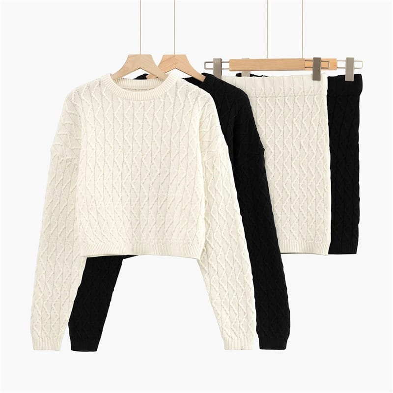 Women White Knitted Skirt Set with O Neck Soft Knit Cable Batwing Long Sleeve Cropped Jumper and