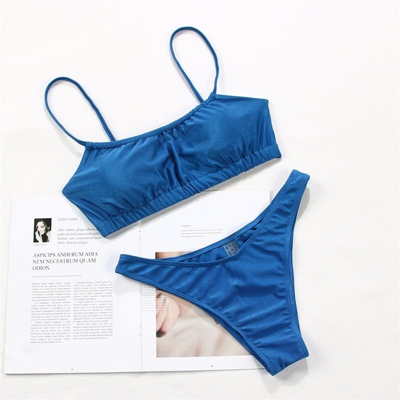 Solid Blue Ruched Sports Bra Bikini Set