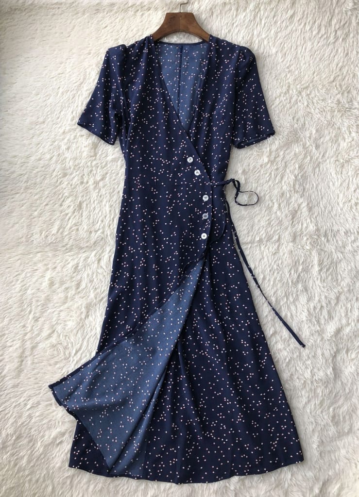 Sun-imperial Polka Dot Print Women Midi Dress Spring V Neck Buttoned Short Sleeve Vintage Vacation