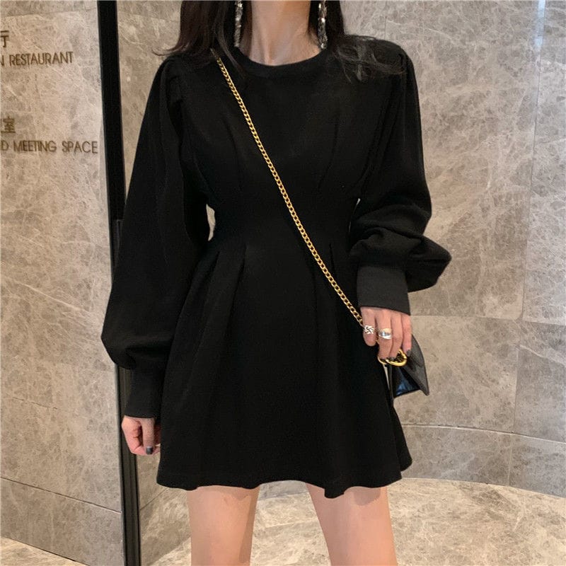 Black Lantern Long Sleeve A- Line O Neck Casual Mini Dress