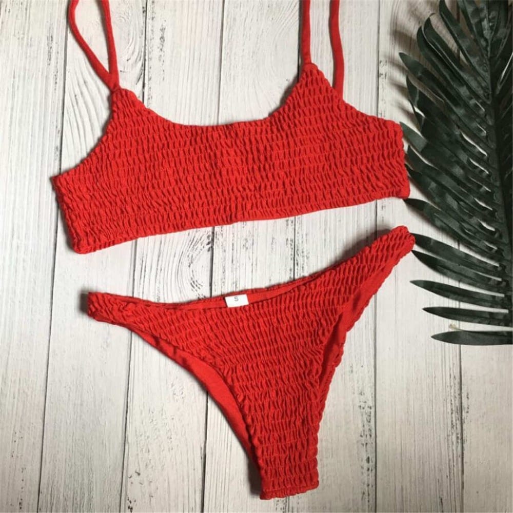 Women Red Smocked Wrinkled Bikini Tank Set