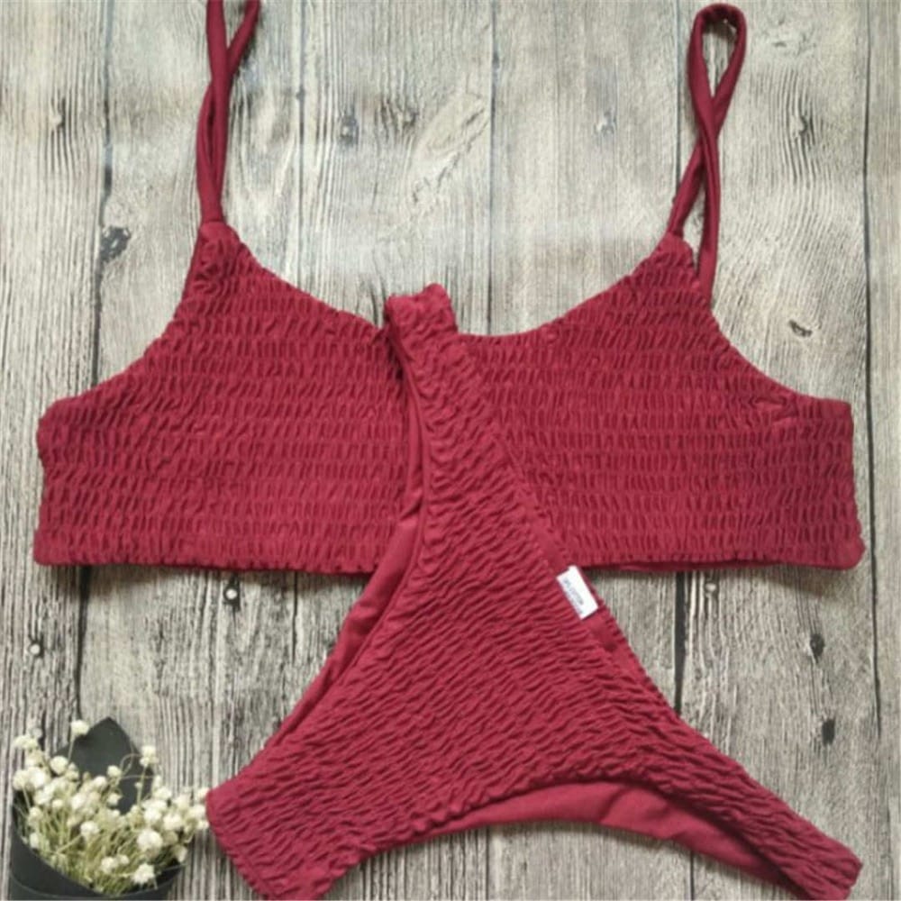 Women Red Wine Smocked Wrinkled Bikini Tank Set