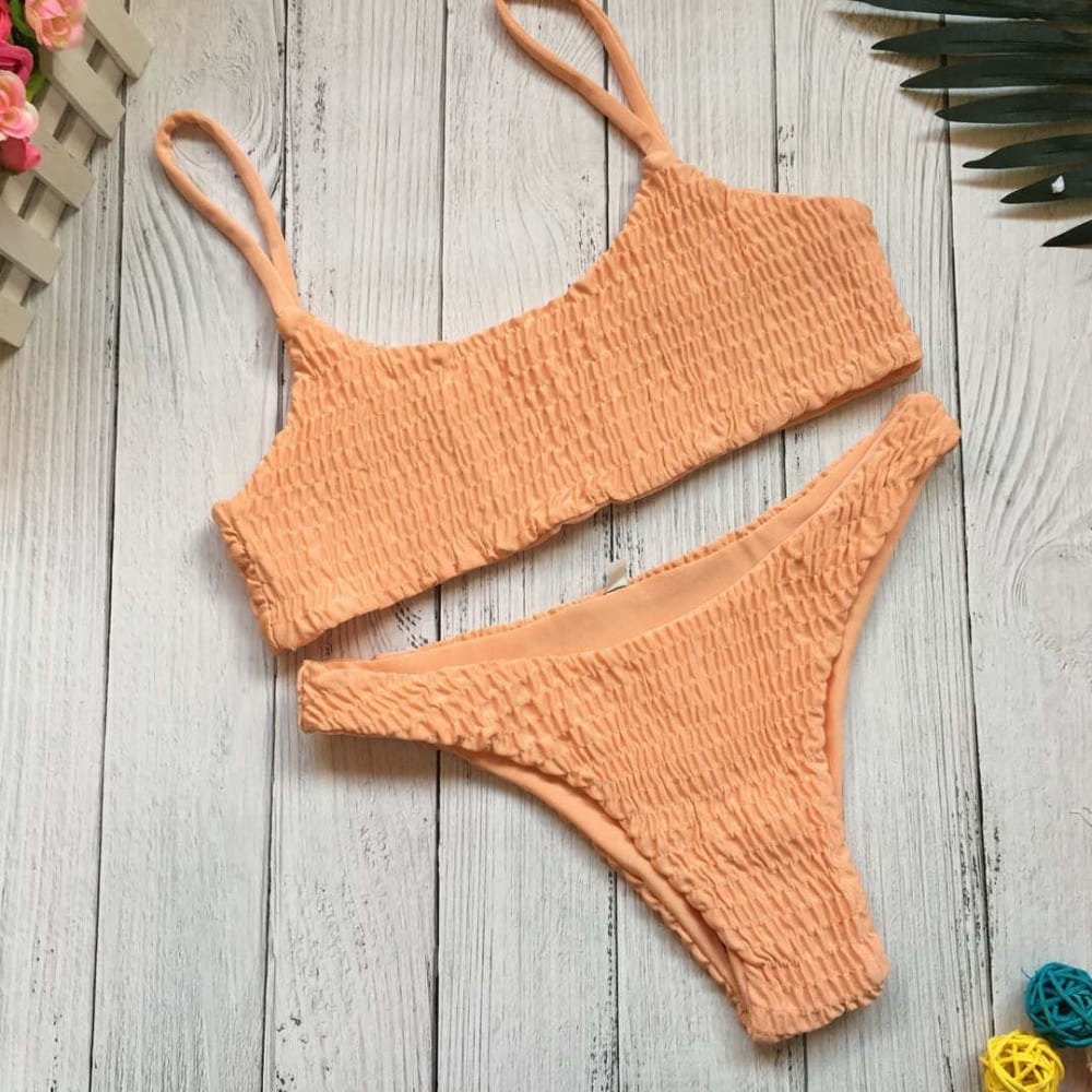 Women Orange Smocked Wrinkled Bikini Tank Set