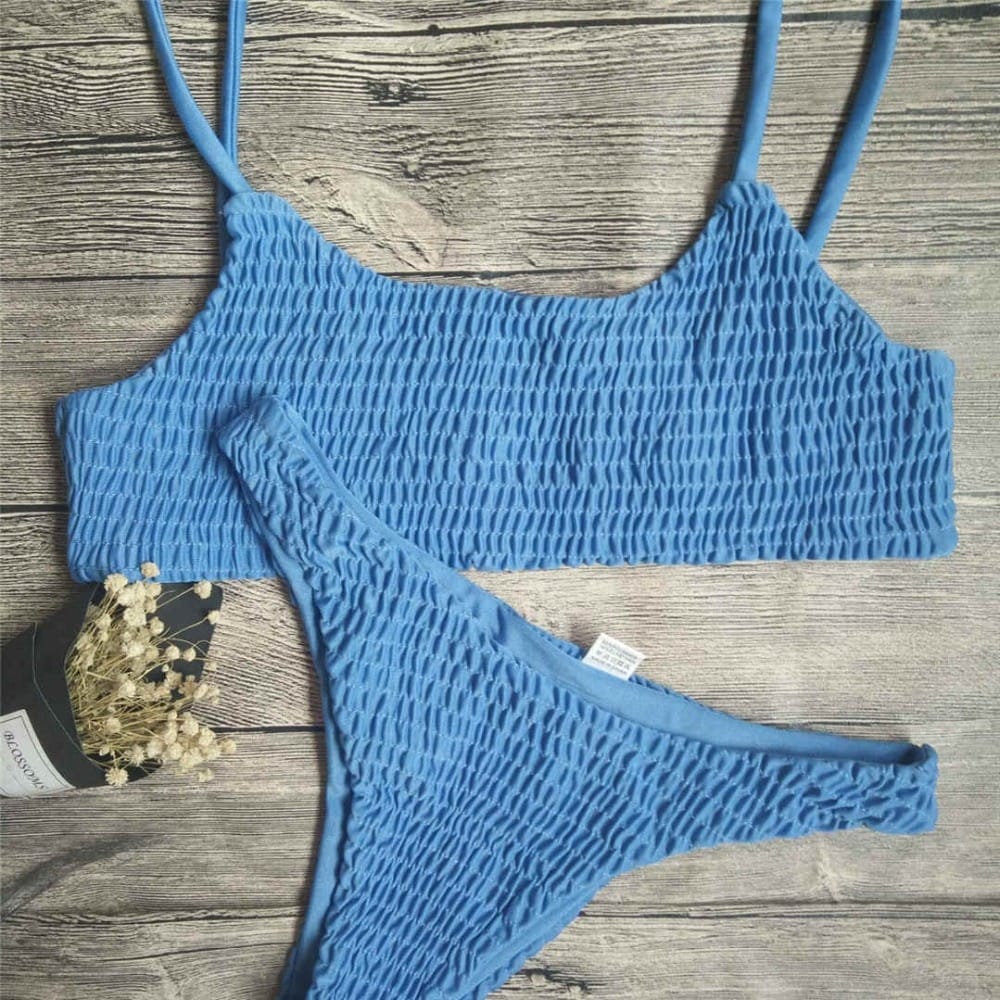 Women Purple Lavender Smocked Wrinkled Bikini Tank Set