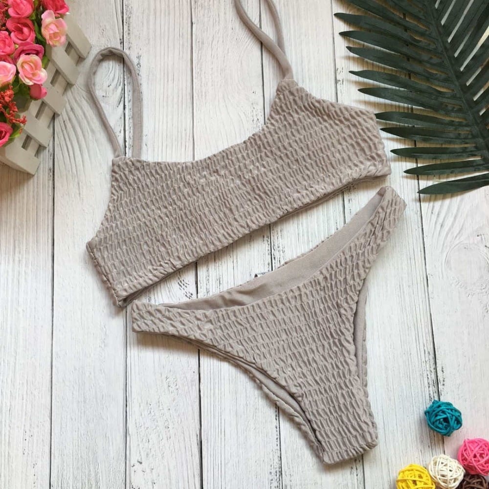 Women Light Grey Smocked Wrinkled Bikini Tank Set