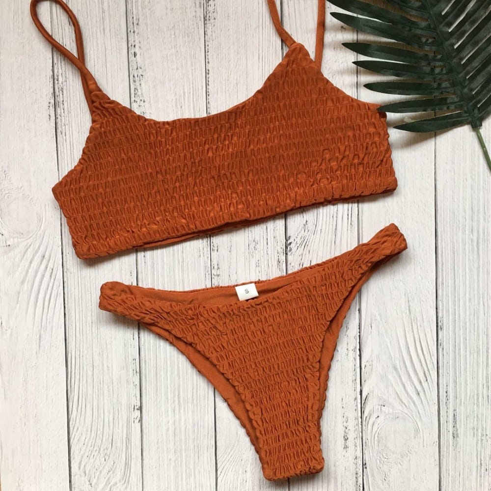 Women Orange Smocked Wrinkled Bikini Tank Set