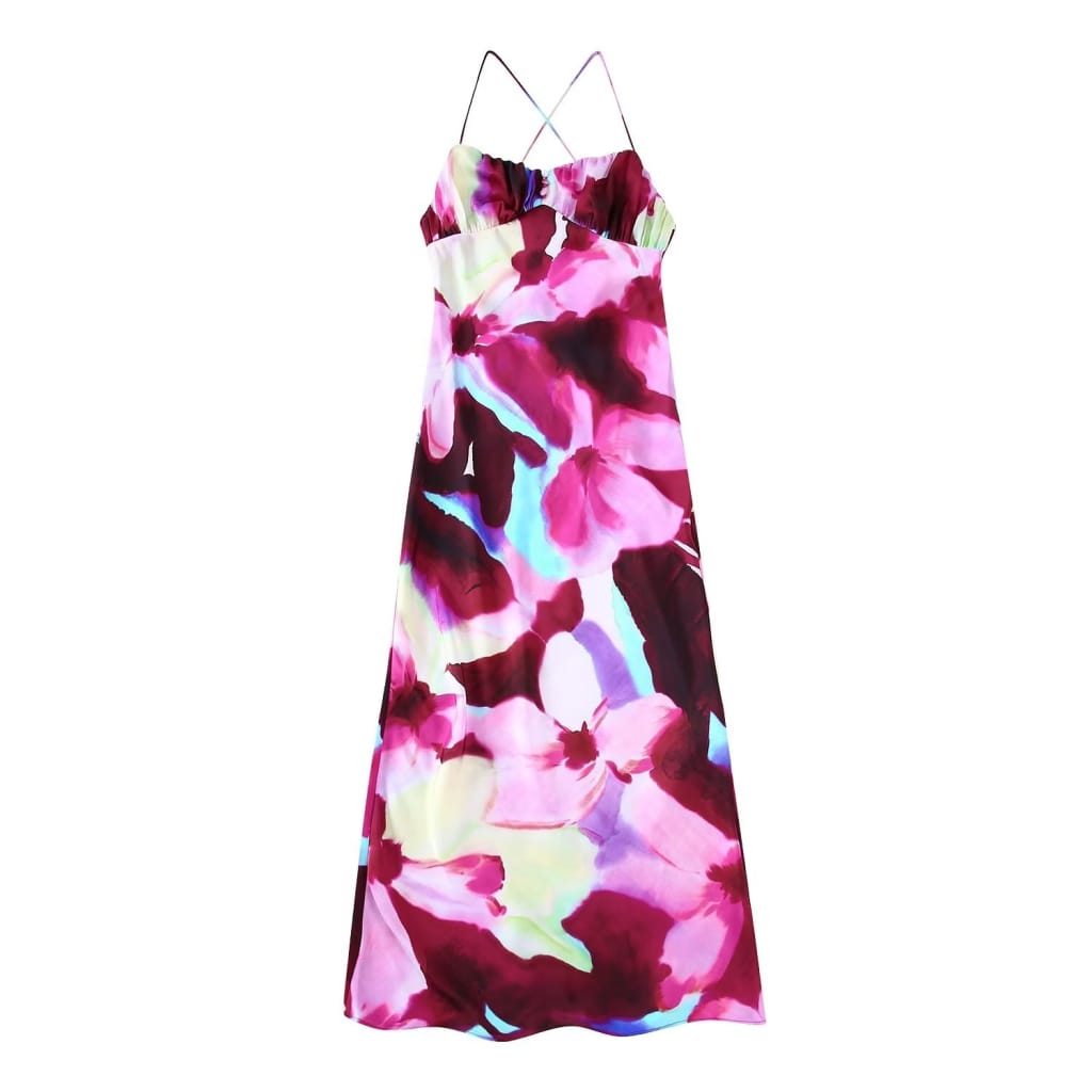 Women Oil Painting Style Flower Print Cami Strap Backless Maxi Dress with Ruched Bodice and Lace Tie