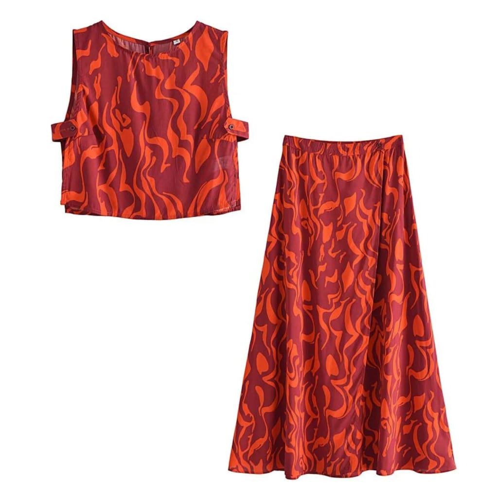 Women Orange Geometric Print Viscose Two Piece Skirt Set with Cut out side Cropped Tank top & Wrap