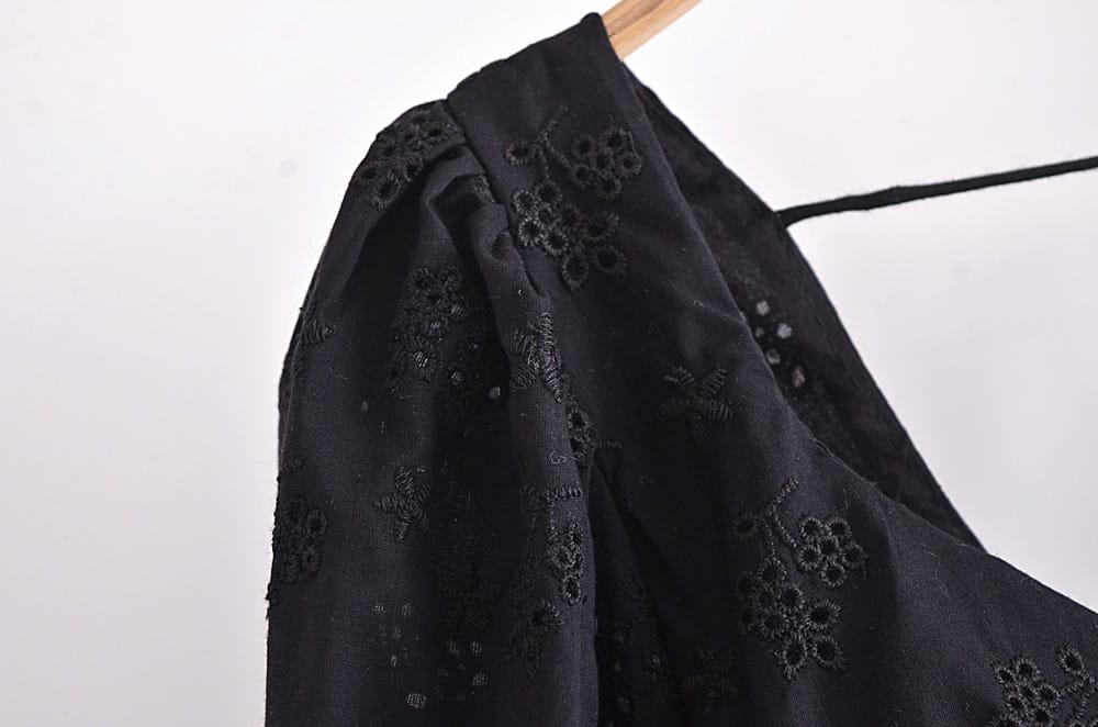 Solid Black Short Puff Sleeve Blouse with Bow Tie and Lace detail Cropped top