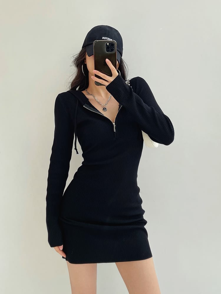 Women Black and White Striped Long Sleeve Drawstring Rib-knit Hooded Bodycon Mini Dress with Zip