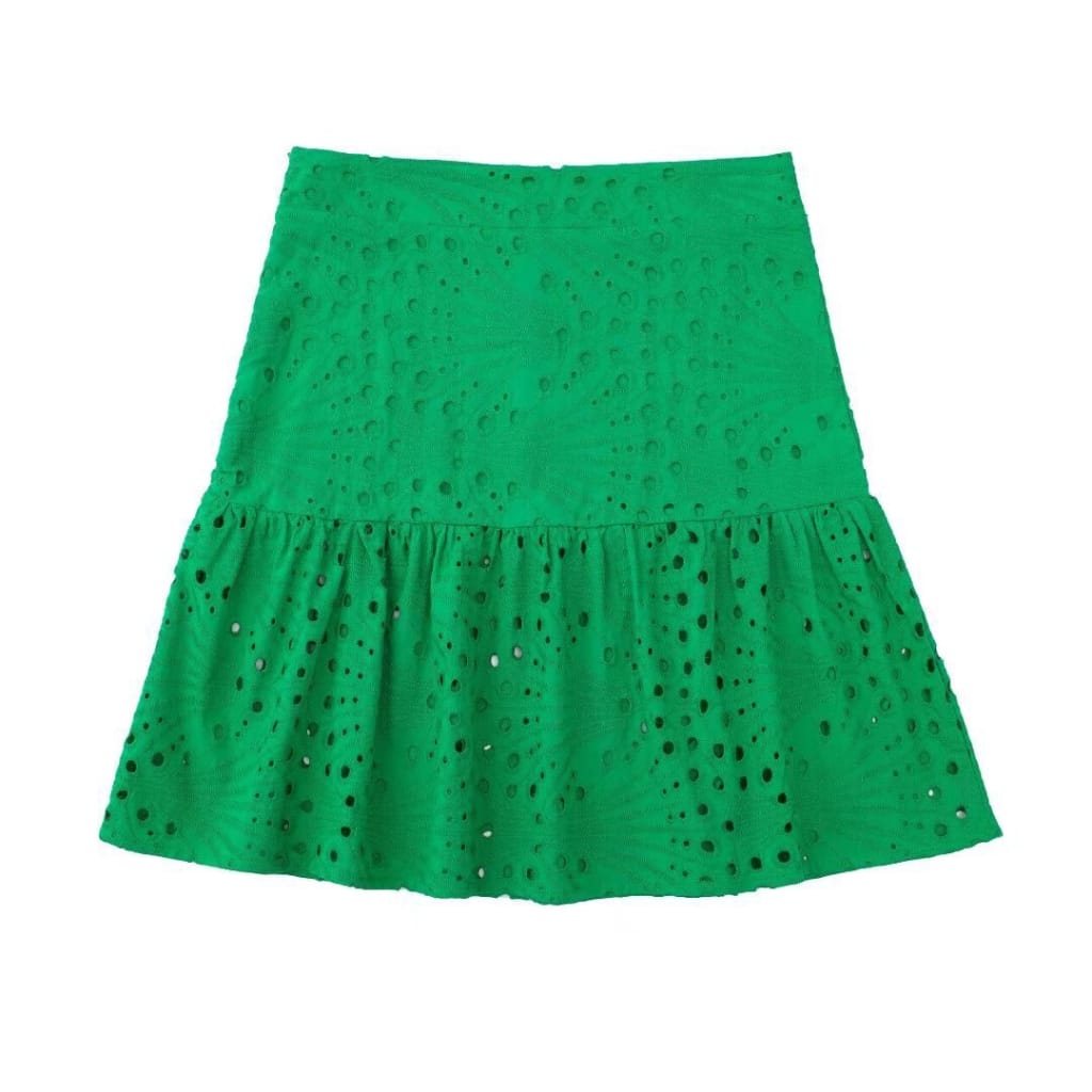 Women Green Embroidered Summer Halter Cropped Tank top and Mini Two Piece Skirt Set