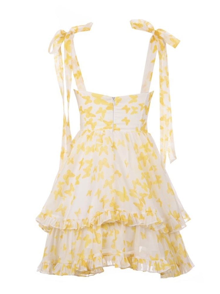 Women White with Yellow Butterfly Print Tie Cami Strap Spliced Neck Corset Style Layered Mini Dress