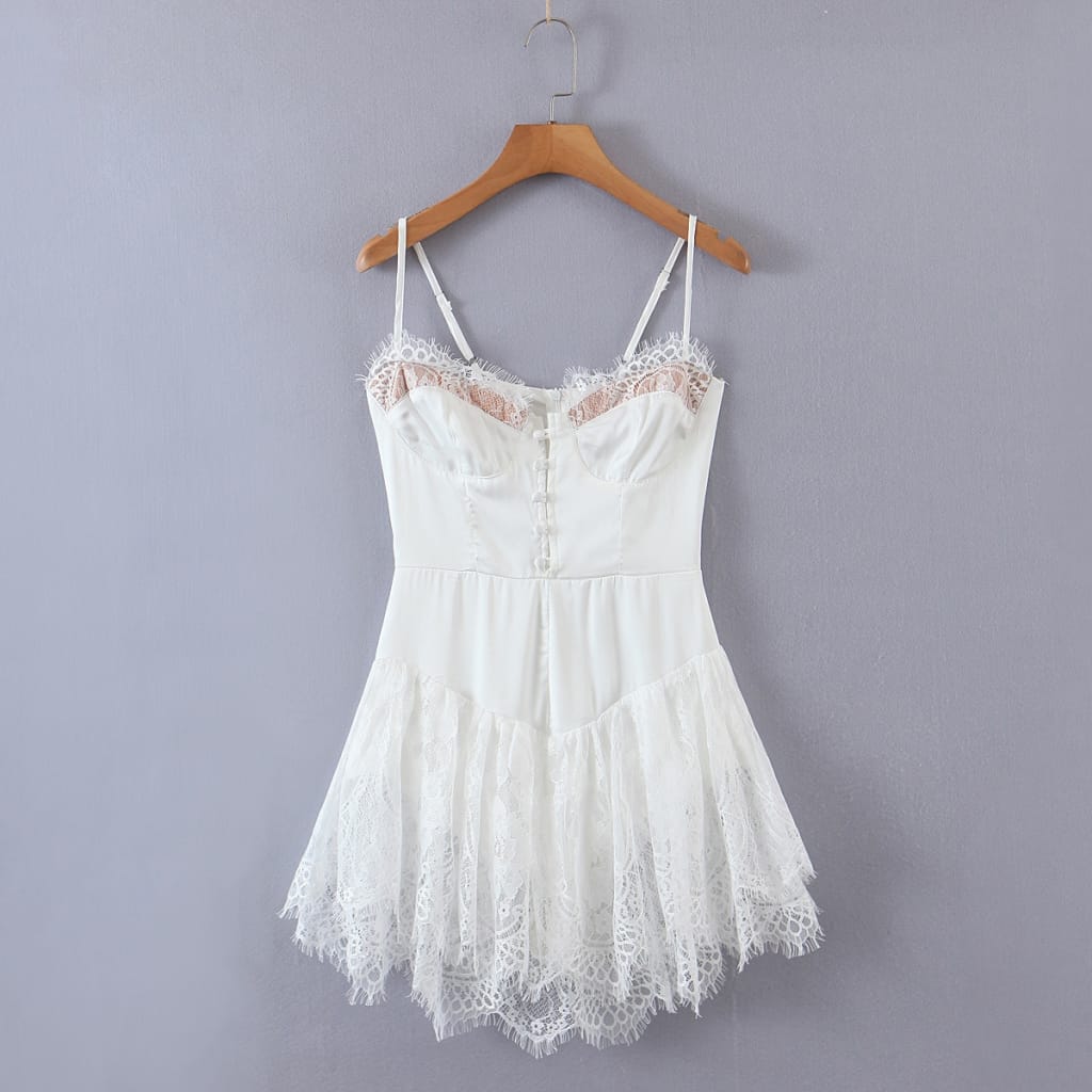 Women Solid White Cami Strap Pleated Hem Corset Style Mini Dress with Lace detail