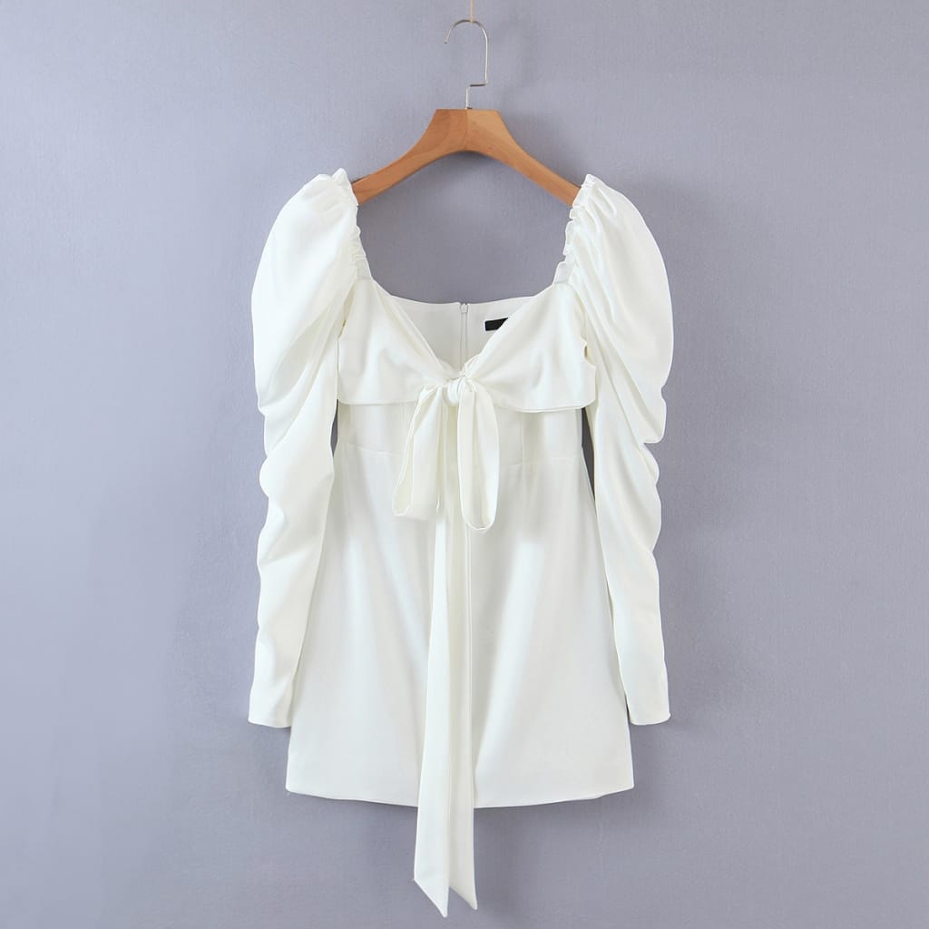 Women White Bodycon Long Puff Draped Sleeve Satin Mini Dress with Bodice Bow Tie and Square Collar