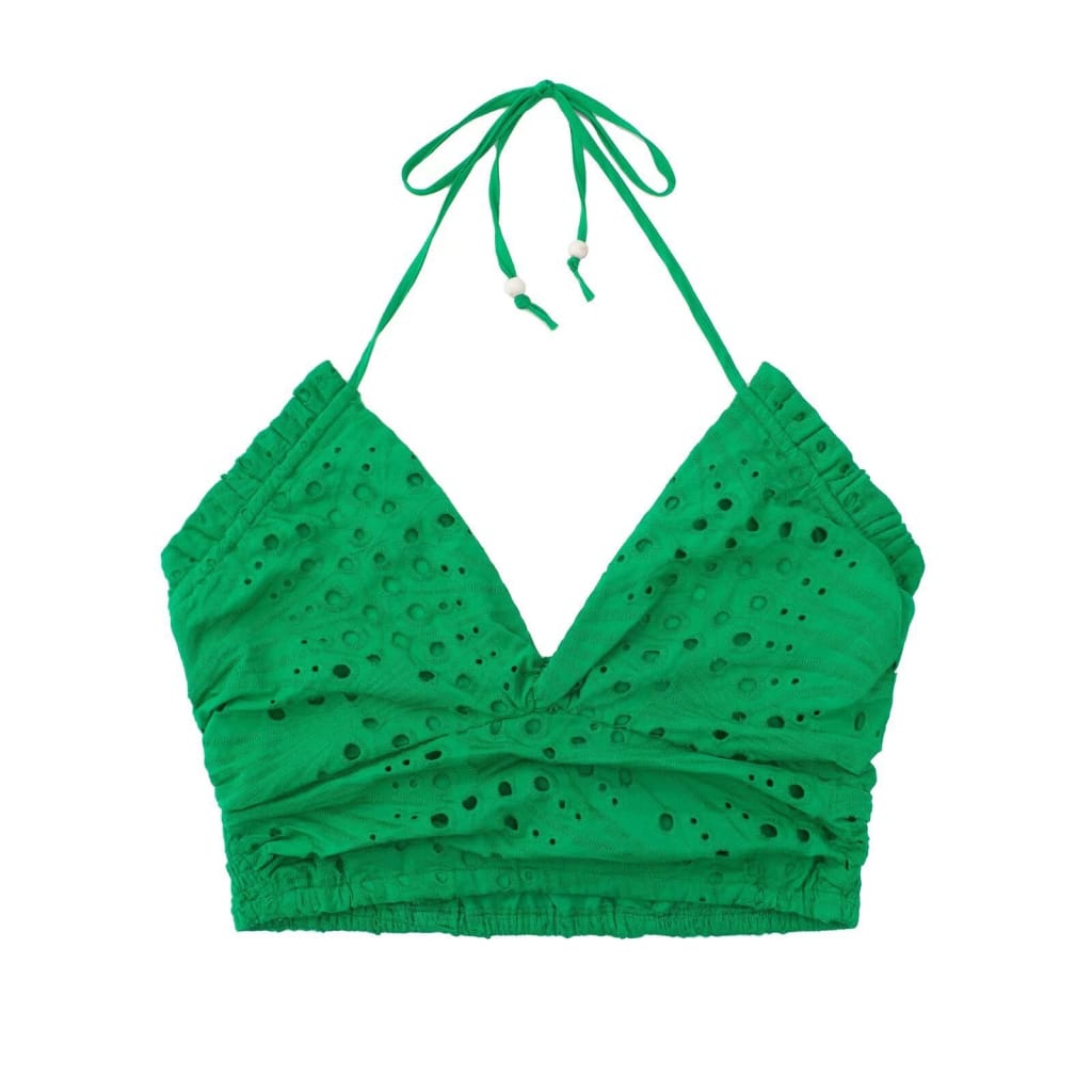 Women Green Embroidered Summer Halter Cropped Tank top and Mini Two Piece Skirt Set