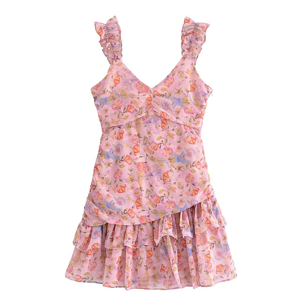 Women Pink Flower Print Ruffles Straps Mini Dress with V Neck and Hem detail